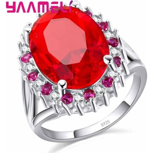 Christmas Sale 925 Sterling Silver Cocktail Rings for Women Girls Brilliant Red CZ Crystal Wedding Engagement Jewelry