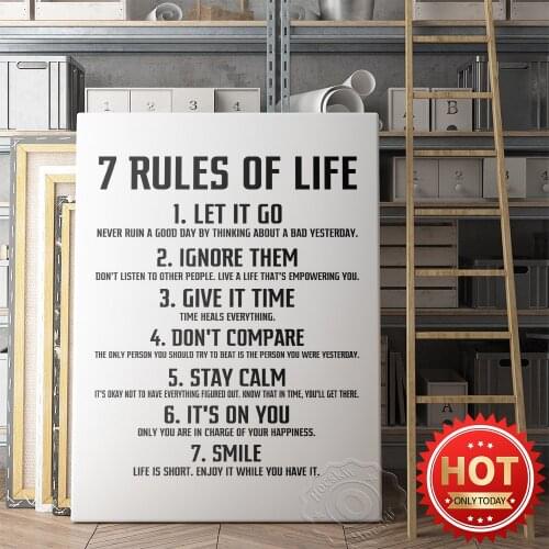 Inspirational Words Wall Decor, 7 Rules Of Life Black And White Poster, Life Smile Art Prints, Kids Room Wall Art, Home Decor