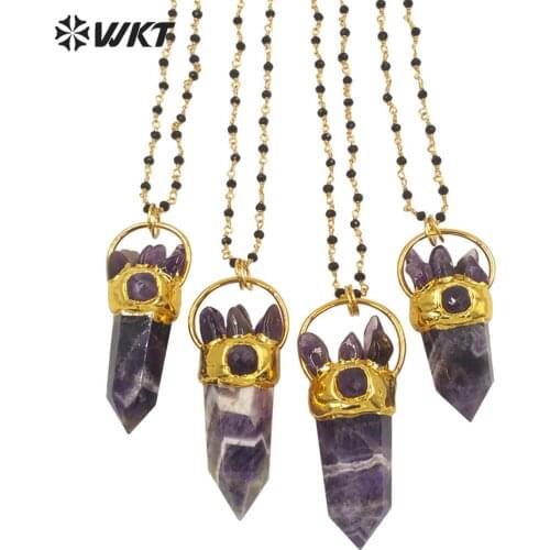 WT-N1274 WKT Factory Price Lady Purple Natural Stone Necklace With Gold Plated Trendy Hexagon A-methyst Stone Rosary Necklace