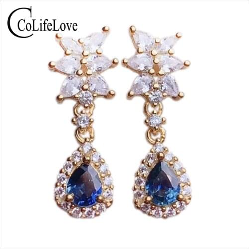 CoLife Jewelry Classic 925 Silver Sapphire Drop Earrings 4mm*5mm Natural Sapphire Eardrop Silver Gemstone Dangler Woman Gift