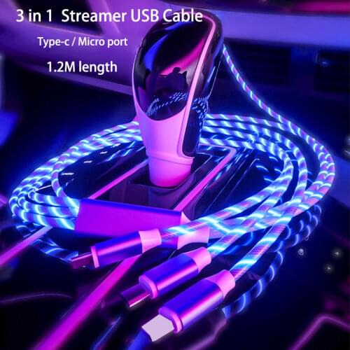 Streamer charge cable for samsung s10 s20 luminous 3 in 1 type-c micro usb fast charge wire for huawei mate30 p30 oppo xiaomi