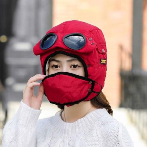 Doitbest women hat Winter fur bomber hats Windproof Thick warm womens mens snow cap Face Mask goggles Earflap ushanka hat