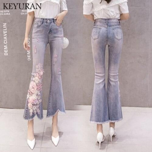 Plus size Women Beading Flare Pants Embroidery Floral stretch jeans for women 2019 High Waist Casual Vintage Denim Pants femme
