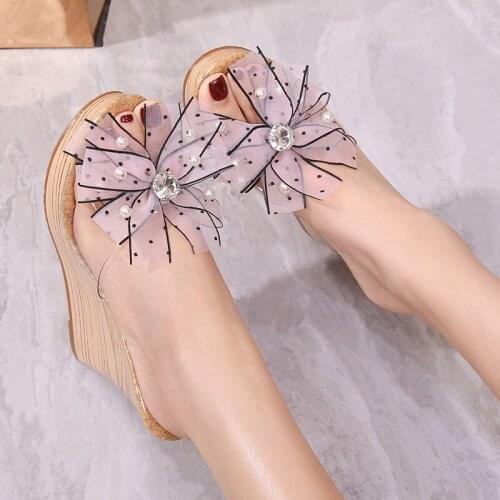 Sweet bow lace flower womens shoes summer new sexy slope with high heels waterproof platform transparent sandals and slippers