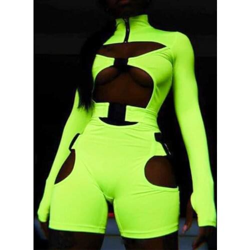 Sexy Novelty Playsuit Women O Neck Long Sleeve Sheath Catsuit Party Nightclub Short Romper Bandage Jumpsuit
