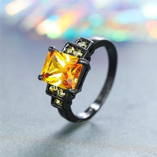 Cute Female Yellow Zircon Stone Ring Vintage 14KT Black Gold Wedding Rings For Women Promise Love Square Engagement Ring