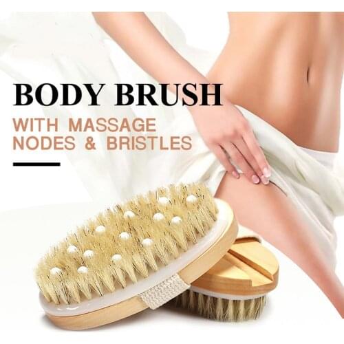 2 in 1 Body Bath Massage Brush Soft Bristle Oval Wooden Shower Brush with Grip Strap WH998