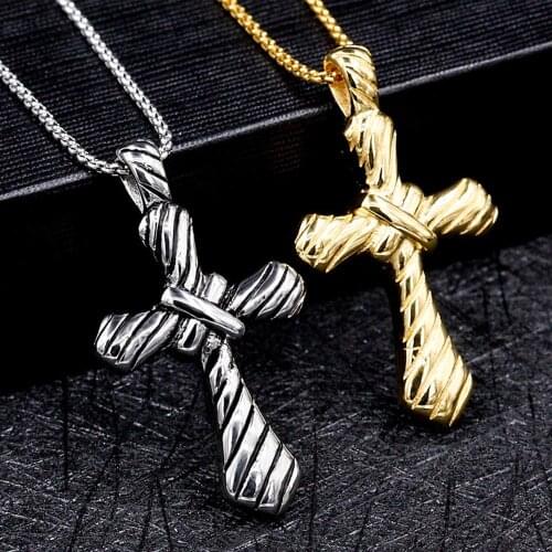 Christian Jesus Single Cross Crucifix Necklace Stainless Steel Silver Color/Gold Prayer Choker Cross Pendants Mens Jewelry Chain