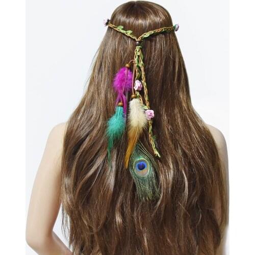 Ethnic Bohemian Peacock Feather Headbands Hairbands for Women Bohemian Flower Head Decoration Wedding Party Hair Accessories