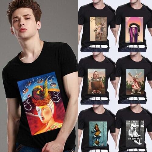 Mens Classic T-shirt Round Neck Black Printed Short Sleeve Top Fashion Funny Prank Pattern Series Male Youth T-shirt Clothes