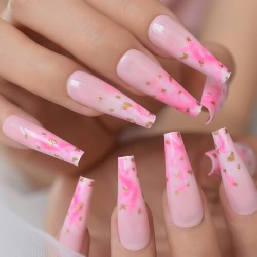 Glossy Ombre Pink French Press on False Nails Super Long Coffin Ballerina Gold Foil Wash Painting Reusable UV Fingersnails