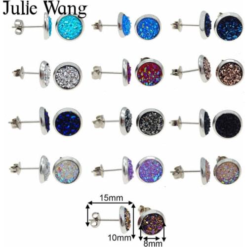 Julie Wang 1 Pair Resin 8mm Druzy Round Cabochon Multi-colored Stud Earrings Women Girl Party Earrings Stainless Steel Base