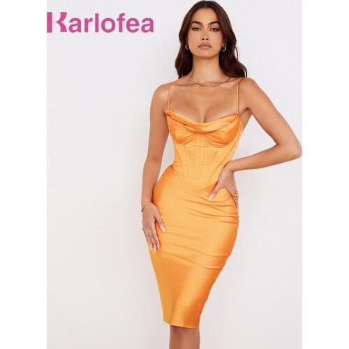 Karlofea New Elegant Padded Bustier Midi Dresses For Women Celebrity Party Satin Corset Outfits Sexy Nightclub Bodycon Dress