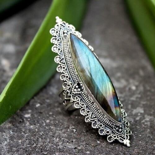 Milangirl Antique Vintage Ring Womens Hot Sale Bohemian Luxury Inlaid Big Rainbow Stone Ring Engraving Classic Ladies Ring