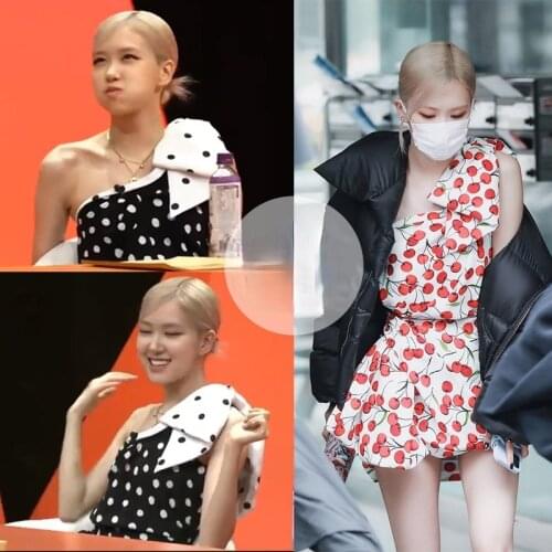 Kpop Korean Celebrity ROSE Summer New Women Retro waist Slim Oblique shoulder Dress Ladies French Party Sexy Ruffle Mini Dresses