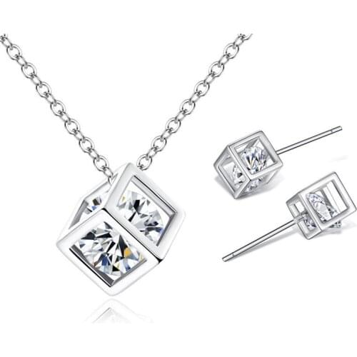 Fashion Hook Earrings Jewellery Womens Necklace Stud Cube Pendant Jewelery Set Gift