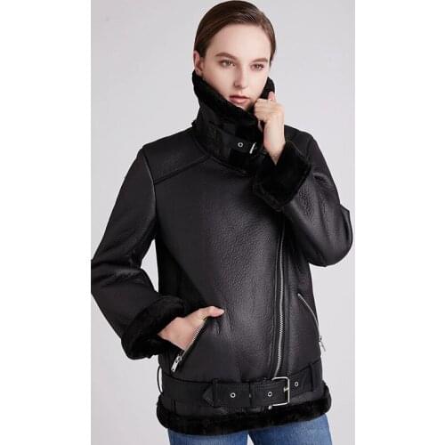 Trendy Women Winter Lambs Wool Parkas Fur Collar Zipper Jacket Warm Thick Outerwear Faux Leather Black Coat Moto Outwear