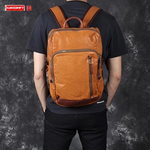 New Casual Vintage Suede Leather Mens Backpack Handmade Male Laptop Bag Men Travel Backpacks Original Vegetable Tanned Leather