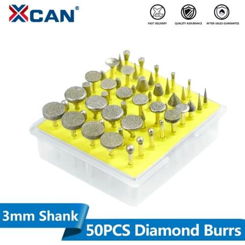 XCAN 50pcs 3mm Shank Diamond Tipped Rotary Burrs Set Diamond Grinding Carving Burrs for Rotary Tools