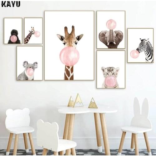 Pink Bubble Elephant Giraffe Child Poster Animal Wall Art Canvas Nursery Print Painting Nordic Kid Baby Room Decoration Picture