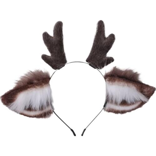 2021 New Faux Fur Ears Plush Antler Headband Reindeer Animal Hair Hoop Cosplay Costume