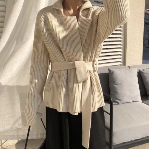 2021 New Women Autumn Winter Elegant Open Stitch Sweater Jacket Sashes Lapel Collar Knitted Coat Slim Fit Outwear Cardigan