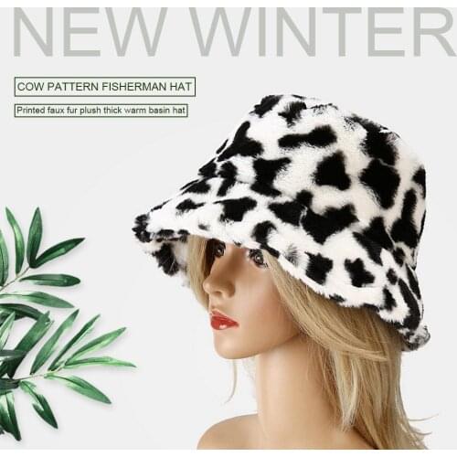 Fashion Winter Milk Cow Printed Bucket Hats for Women Men Warm Fur Fleece Korean Panama Travel Fisherman Hat Streetwear