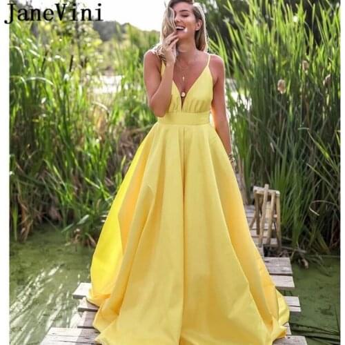 JaneVini Sexy Yellow Long Evening Dresses Robe Satin Simple A Line Spaghetti Straps Deep V-neck Backless Ladies Prom Gowns 2020