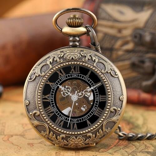 Vintage Bronze Transparent Roman Numerals Display Mechanical Pocket Watch Hand Winding Steampunk Chain Retro Clock for Men Women
