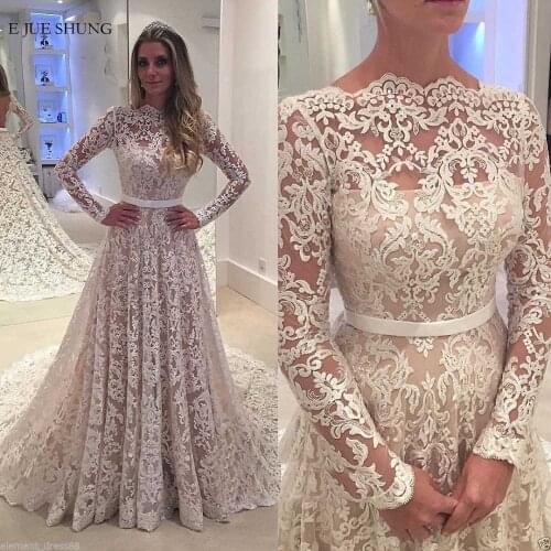 E JUE SHUNG Vintage Lace Long Sleeves Wedding Dresses Backless Luxury Wedding Gowns robe de mariee