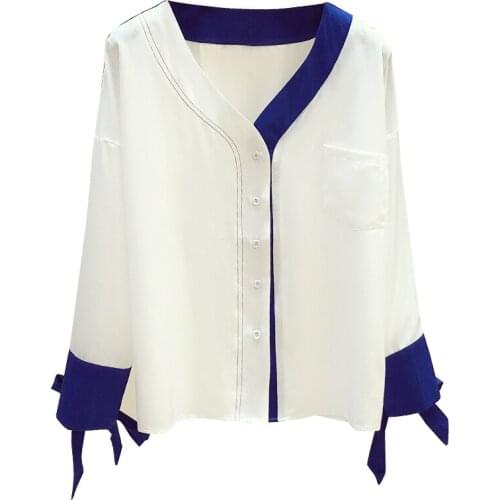 Womens V-neck Shirt Long Sleeve White Blue Blouse Female 2021 Spring New Korean Style All-Match Casual Tops Blusas
