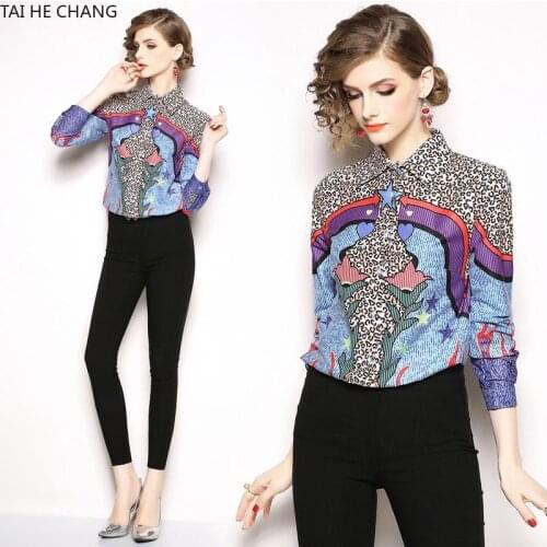 2019 New Fashion High Quality Women Clothing Tops Blouses & Shirts Casual Print Long Sleeve Vintage Slim Shirt