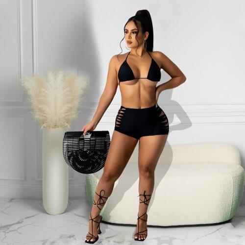 Womens Swimsuit Halter Crop Tops Side Hollow Biker Shorts Two 2 Piece Bikini Sets Sexy Tracksuit Summer Outfit Female Swimwear