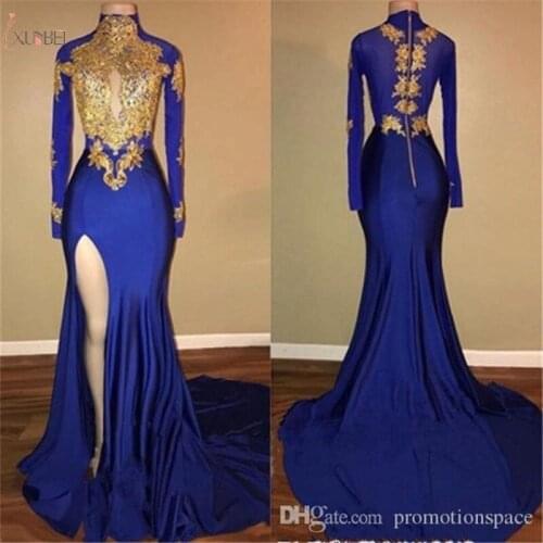 2019 Royal Blue Satin Long Prom Dresses Mermaid Long Sleeve Applique High Split Prom Gown Gala Dress Free Fast Shipping