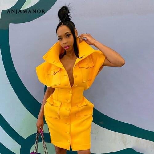 ANJAMANOR Elegant Sexy Bodycon Dresses for Women Party Club Outfits Ladies Clothes Flying Sleeve Button Up Mini Dress D85-GG59