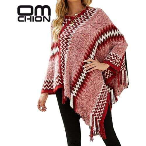 OMCHION Pull Femme V Neck Overszied Poncho 2021 Autumn Geometric Shawl Cloak Women Casual Loose Tassel Sweater Coat Knitwear