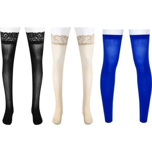 1Pair Mens Sport Socks Lace Smooth Shiny Silk Stockings for Man Sexy Knee High Socks Mens Silicone Ultrathin Thigh Stockings