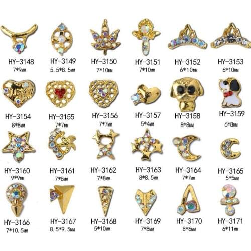 10pcs/lot, Fashion Shapes 3d Nail Art Golden Metal Rivets AB Sides Crystal Rhinestones Nail Tips Decorations