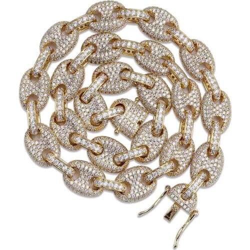 12mm Hip Hop AAA+ CZ Zircon Paved Bling Ice Out Solid Coffee Beans Link Chain Necklace for Men Women Rapper Jewelry Gifts Gold