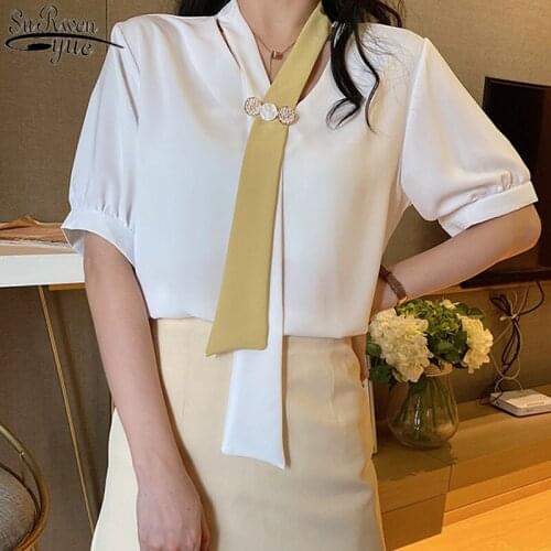 2021 Summer Korea Style Blouse Women New Vintage Necktie Sexy V-neck Short Sleeve Womans Shirt Puff Sleeve Chiffon Blouse Chic