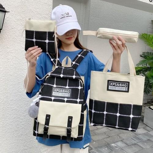 4 Pcs Set Backpack Plaid School Bag For Teenager Girl Women Backpack Student Canvas College Children Book Shoulder Bags Kids