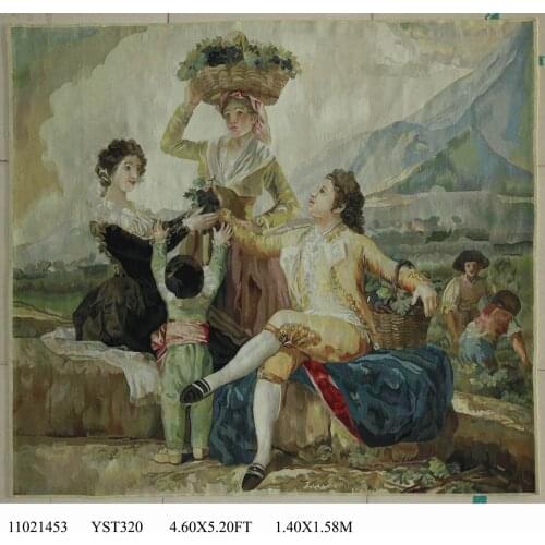 Antique French Aubusson Husbandry Agrarian Pastoral Scene Tapestry Panel Large Geometric Patterns Bedding