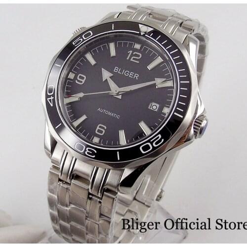 BLIGER New Black Automatic Men Watch Sapphire Glass Date Function Mental Band