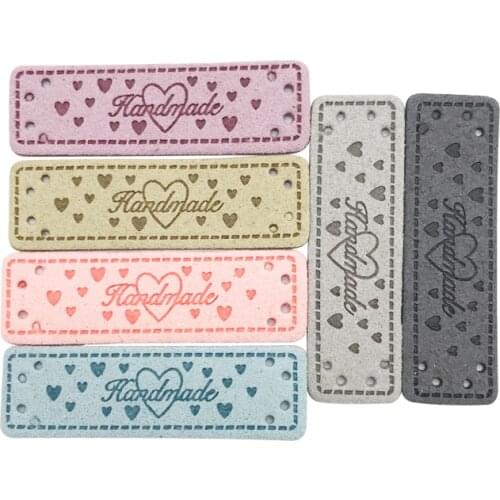 48Pcs/Lot Hand Made With Love Pu Leather Labels For Family Gift Bag Heart Logo Hand Made Leather Sewing Accessories For Clothing