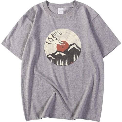 Regular Sleeve Men T Shirts Spring Summer T-Shirt Ukiyo-E Traditional Art Montain Sun Print Clothing Short Sleeve T-Shirt Mens