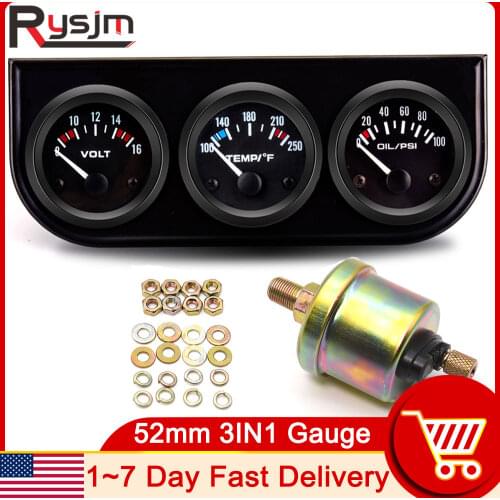 HD 52mm 3 in1 Car Auto Triple Gauge Kit Volt Meter Water Temp Meter Fahrenheit Oil Pressure Gauge PSI Oil Press Sensor 1/8NPT