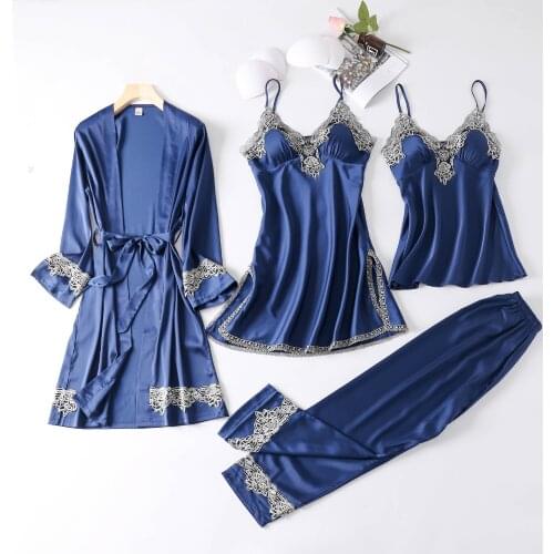 Four Pieces Pajamas Sets Womens Nightwear Splicing Solid Elegant Summer Pajamas Sets Fashion 2021