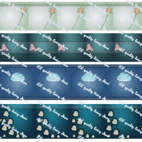 16-75mm Denim Pattern&Floral Printed Grosgrain Ribbon/16mm Printed Elastic Foe Ribbons DIY Hair Bows Sewing Webbing 50 Yards