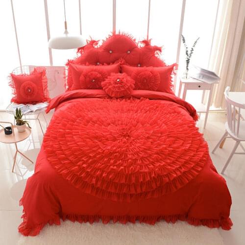 RED Lace Flower Princess Bedspread Bedding Set Luxury Wedding Decoration Bedclothes Duvet Cover Bed Skirt Pillowcases Cotton