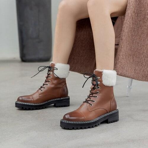 Lovirs Women Motorcycle Boots Genuine Leather Warm Round Toe Lamb Insole Lace-up Snow Boots